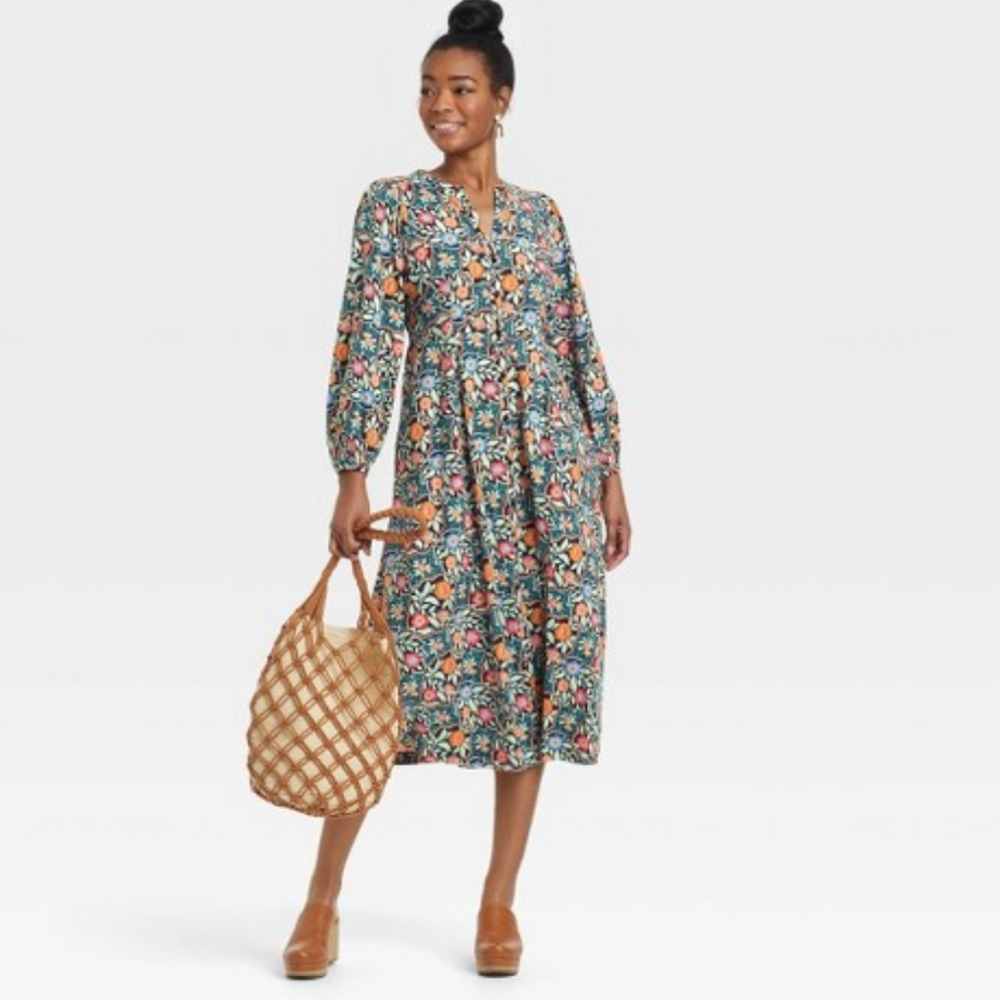 Universal Thread Floral Balloon Sleeve Dress M Blue Coral